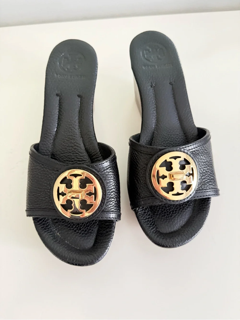 Tory Burch Black Leather Wedge Sandals with Gold Logo